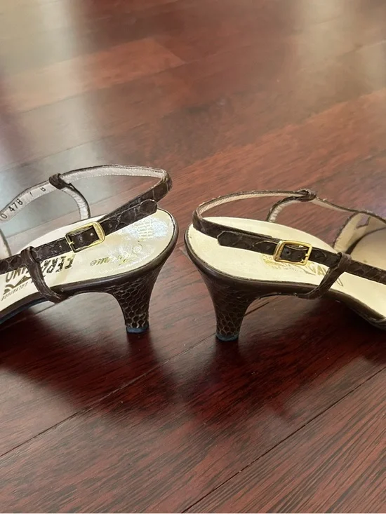 Salvatore Ferragamo Brown Snakeskin Peep-Toe Slingback Heels - Picture 7 of 9